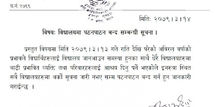 वर्षा, बाढी र डुवानका कारण विद्यालय बन्द